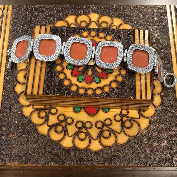 Vintage BARSE Burnt Orange Sterling Silver Toggle Bracelet - Picture 8 of 9